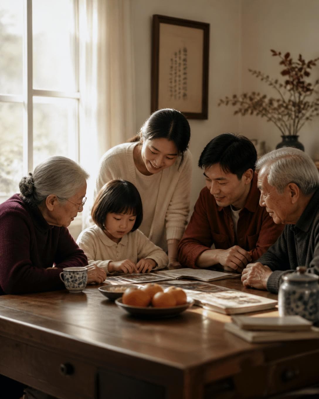 Three generations of a family looking through photo albums at a wooden table